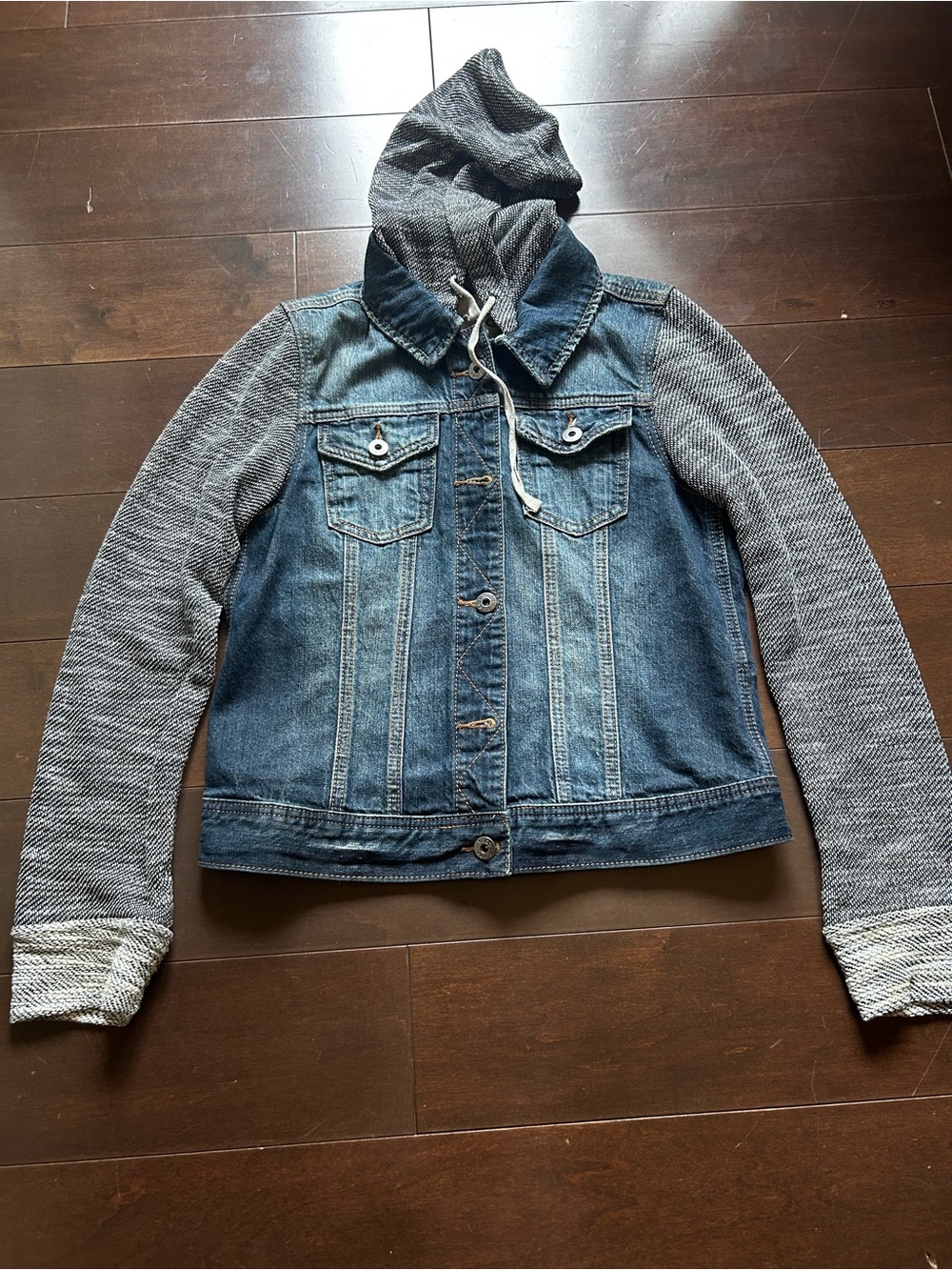 Denim & Knit Hooded Jacket - Blue